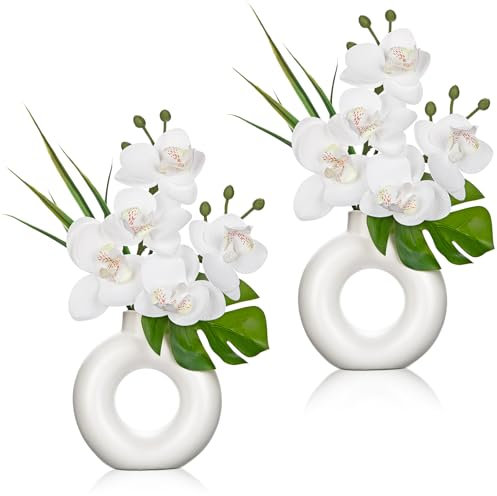 2er-Set Mini Kunstpflanze Orchideen Kunstblumen mit Keramik Donut Vase Künstliche Deko Blumen Kunstblumen Wie Echt Mit Real-Touch Blüten im Keramiktopf Tischdeko Fensterbank Deko, Weiß