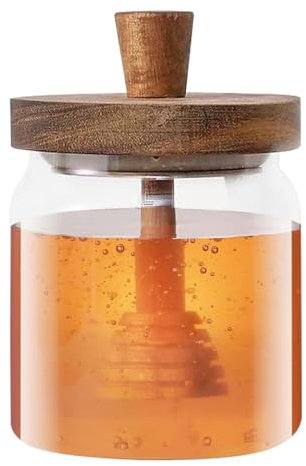 Dzmuero Dosatore per Miele, Porta Miele in Legno di Acacia con Coperchio, Contenitore di Vetro Sigillato a Bocca Larga (1 Pezzo, Trasparente)