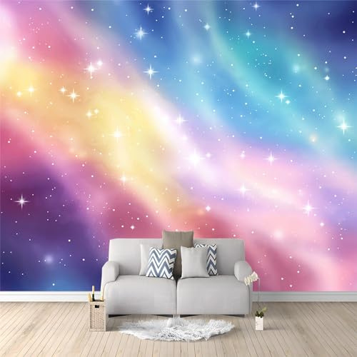 3D Effect Non-Woven Wallpaper - Glitzernde Sterne Und Glitzer Muster - UV-Resistant, 350 x 256 cm Ätherisch-Verträumter Regenbogen-Farbverlauf Tapete- for Living Room TV Background Fototapete
