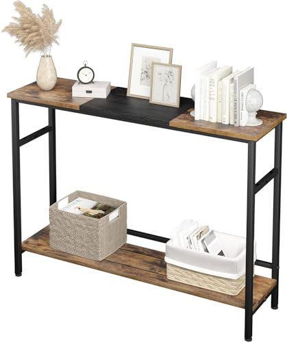 Konsolentisch Schmal Mit Ablagen, Holz Flurtisch 100T x 23B x 80H cm, Vintage-Farbe Mit Stabilem Metallgestell für Kleinen Raum, Eingang, Flur, Wohnzimmer