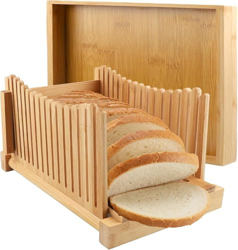 Bamboo Bread Slicer -Adjustable Bread Slicer for Homemade Bread with 3 Thickness Sizes - Foldable Board Loaf Slicer with Crumb Tray - Idea for Cakes, Sourdough Bread & Bagels