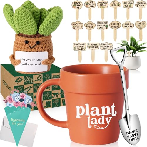 Funny Gardening Gifts for Women Plant Gifts for Plant Lovers Plant Lady Mug - Gardener Gifts, Plant Pot Cup with Shovel Spoon, Plant Markers, Emotional Crochet Doll Knitting Toy Ornaments