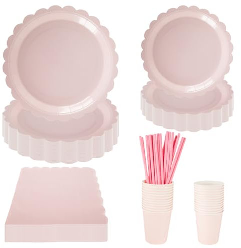 Baby Pink Party Tableware Decorations, PHUNAT 125PCS Pink Party Tableware Set, Pink Paper Plates Cups and Napkins, Disposable Party Tableware Set 25 Guests, Pink Party Supplies for Table Decorations