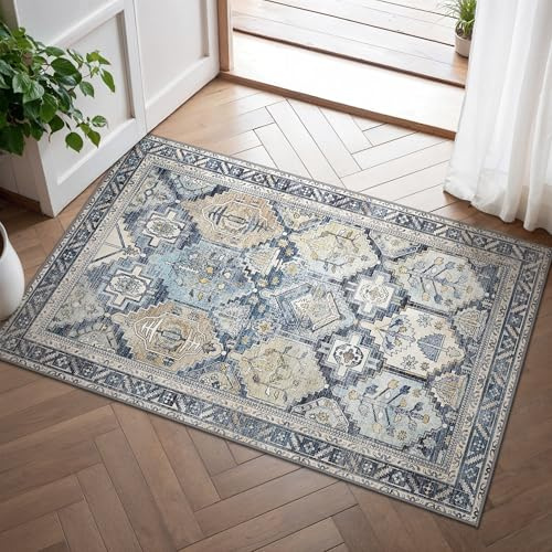BEIMO Tapis Entrée Intérieur, Tapis de Porte Lavable, Tapis Salon Vintage, Tapis Chambre, Tapis Cuisine Dessous Antidérapant, Bleu, 60x90cm