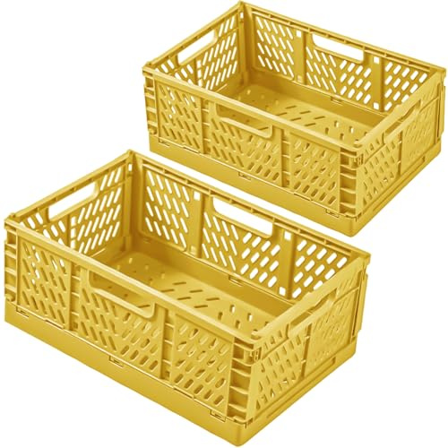 Frepea 2 Stück Aufbewahrungskorb Aufbewahrungsbox Kunststoff Klappboxen Faltbar Stabil Aufbewahrungskiste Klappkorb für Küche/Kinderzimmer/Büro(Gelb)