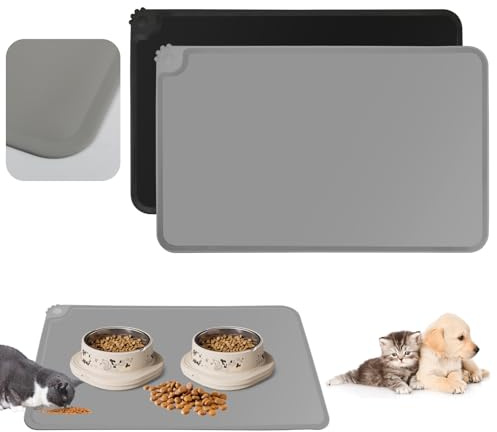 FHISKUNYU Set di 2 Tappetini in Silicone per Cani e Gatti | 48x30 cm | Impermeabile e Antiscivolo | Facili da Pulire | Nero e Grigio