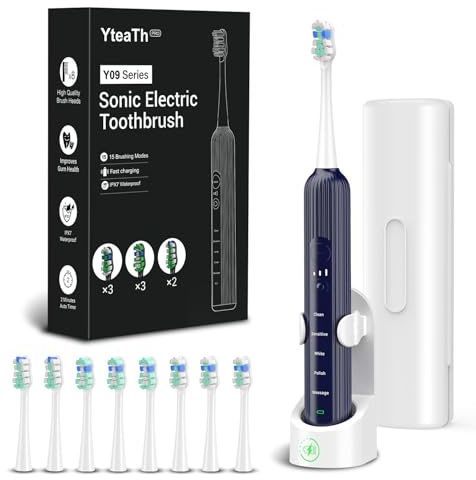 Elektrische Zahnbürste, Schallzahnbürste für Erwachsene und Kinder, Electric Toothbrush mit 5 Putzmodi 3 Intensitätsstufen Integrierter Timer und 8 Zahnbürstenköpfen, Reiseetui, Blau