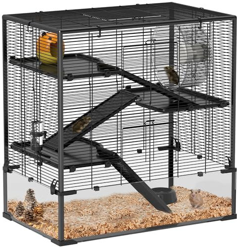 PawHut Hamsterkäfig für Zwerghamster, 4-stufiges Nagerkäfig mit Glasboden, Hütte, Laufrad, Rampen, Futterschale, Kleintierkäfig Zwerghamsterkäfig 78,5 x 48,5 x 80 cm Schwarz