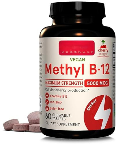 Vegan Methyl B-12 5.000 mcg, fuerza máxima, cereza, masticable, 60 tabletas
