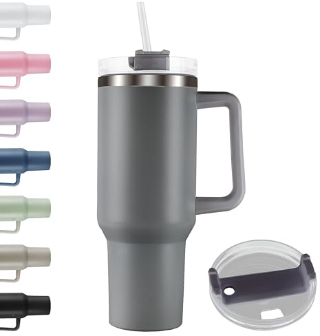Termosmugg med handtag | sugrör | rostfritt stål | resemugg med isoleringsskikt | kaffemugg dubbelvägg (grå)