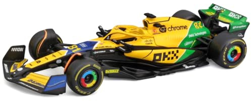 Bburago Formel 1 McLaren Team MCL38 Senna Version (Monaco GP) (2024): Modellauto im Maßstab 1:43, Sondermodell, von Fahrer #81 Oscar Piastri, Window Box, 12,5 cm, gelb-grün (18-38214P-S)
