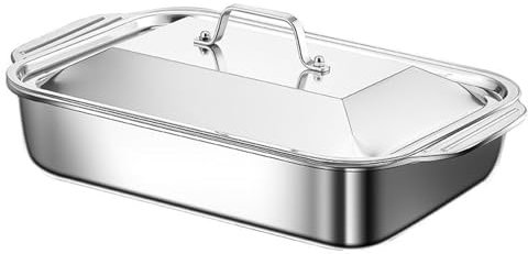 SHENJIA Fischbräter aus Edelstahl, groß, rechteckig, Lasagnepfanne mit Deckel, Griffen, Geschirrspüler, Plätzchenform, 37/41/45 cm Bräter