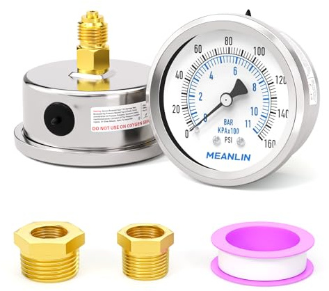 MEANLIN MEASURE 0~160Psi Dry Pressure Gauge Stainless Steel 1/4 BSP 2 FACE DIAL Waterproof for Well Pump Water Tire Water Pressure Tester Back Mount, with 1/2 BSP and 3/8 BSP Hex Bushing