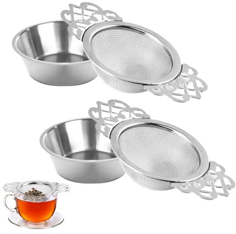 2 PCS Loose Leaf Tea Strainer Fine Mesh, Tea Strainers for Loose Tea with Drip Bowls, Stainless Steel Strainer & Filter, 7cm Mini Sieve for Coffee and Juice with Double Wing Extender
