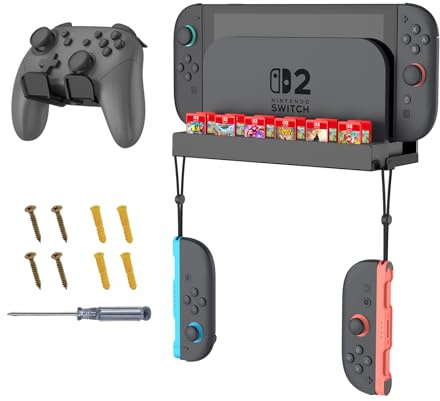 FINTIE Support Mural en Métal Compatible avec Nintendo Switch 2 | avec 1 Support de Manette, 12 Emplacements de Cartes de Jeu avec 2 Crochets pour Joy-Con, Noir