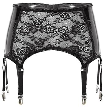 Kaerm konstläder strapsbälte dam straps underkläder set wetlook strapshållare bred strumpeband med 6 hållare strumphållare höfthållare, svart, L