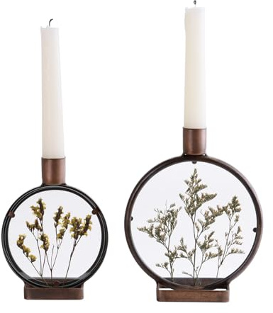 NIKKY HOME Nature Dried Flower Taper Candle Holders Set of 2, Vintage Decorative Metal Candlesticks Round Frame with Glass Centerpieces Decor for Dining Room Table Wedding Party Mantle Fireplace