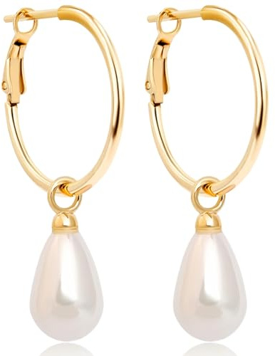 NOBEL Perlenohrringe Silber Gold 925 1.5 * 20MM Creolen hängende Ohrringe mit 13 mm weiße Perle Ohrringe für Frauen