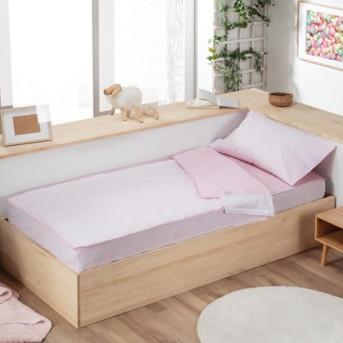 Saco Nórdico Junior 127 Manterol | Saco Cama Infantil y Juvenil | Cremallera y Gomas Ajustables | Incluye Funda de Almohada Reversible | Diseño Florecillas | Cama 90 cm | Rosa y Azul (Rosa)