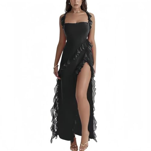 AOWVUTS Vestito Lungo Donna Sexy Vestito Senza Maniche Maxi Abito Senza Schienale Bodycon Abito Elegante Orlo a Volant con Spacco Abiti da Cerimonia Aderente per Discoteca Festa Cocktail Sera