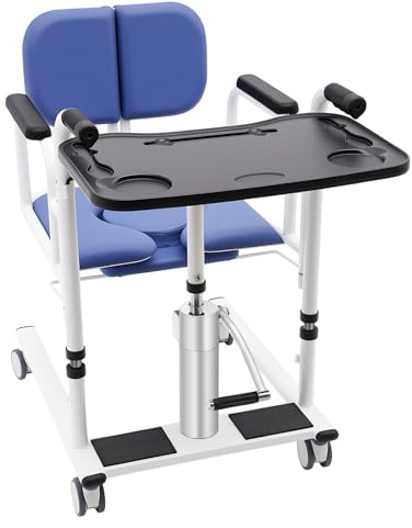 ROMYIX Hydraulic Patient Lift Transfer, Patient Elderly Lift Wheelchair Body Lift Bedside Commode with 180° Split Seat,4 Lockable Wheels,Adjustable Lifting Height 41-65cm, Load Capacity 150kg (Blue)