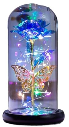 Ymnilian Rose Eternelle, Rose Eternelle sous Cloche Fleur Artificielle Rose éternelle avec Guirlande Lumineuse Papillon en dôme, for décoration de Mariage, noël, Saint-Valentin(Gold Blue)