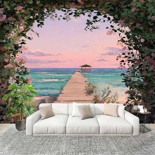 Mural Papel Pintado 3D 250x175cm Flores RomáNticas Junto Al Mar Fotomurales Tejido No Tejido Antiarrugas Póster Multicolor Murales Fotográfico Moderno Decoración de Paredes
