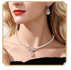 Dishowme Kristall Hochzeit Perlenkette Ohrringe Sets Französische Braut Strass Kragen Halskette Kette Mehrlagige Kunstperle Schmuck Sets für Damen Frauen (Silber)