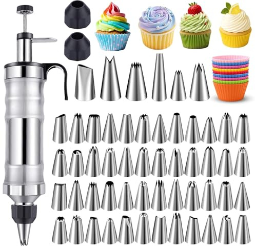 NOVANO Dessert Decorating Syringe Set, Frosting Piping Kit Stainless Steels Cake Decorating Kit with 54 Piping Tips & 9 silicone cupcakes, Cupcake Decorating Kit Piping Bags and Tips Set (Black)