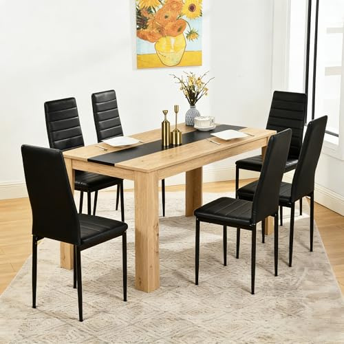 ZZINOKE Conjunto 1 Mesa y 6 Sillas Comedor, Ideal para Comedor, Cocina y Salon, Mesa y Sillas Cocina, Mesa: 140x70x75cm, Silla: 40x39x98cm, Marrón + Negro