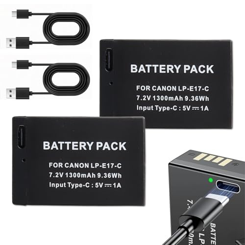 Paquete de 2 Baterías LP-E17 Tipo C Compatible con Canon EOS R8, EOS RP, EOS R10, EOS R50, EOS R100, EOS R50 V, EOS M3, EOS M5, EOS M6, EOS 750D, 760D, 77D, 800D, 850D, Canon SL2, SL3, EOS 77D