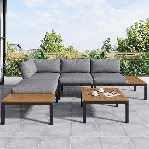 Lahoomu Garten-Lounge-Set (2 Zweisitzer, 2 Beistelltische, 1 Tisch), Tischplatte aus massiver Akazie, Stoffbezug für Rückenlehne, Grau