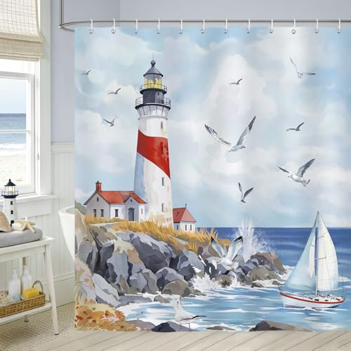 Bonhause Duschvorhang Leuchtturm Segelboot Maritim Nautische Küste Duschvorhänge 180 x 180 cm Anti-Schimmel Wasserdicht Polyester Stoff Waschbar Bad Vorhäng für Badzimmer mit 12 Haken