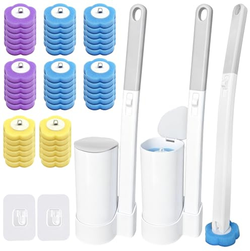 TZEKING Set Escobillas de Baño Desechable 54 Piezas, 2 Cepillos WC con Mango Largo y Sistema a Clic, 2 Soportes de Pared con Adhesivo, 48 Rellenos Detergentes en Esponja para Inodoro, Lavabo y Bañera