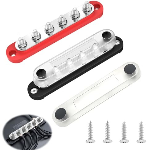 PPAAstunoras 150A 12V Bus Bar Power Distribution Block 1 Pair, 6 x M8 Terminals, 12V DC Distribution Terminal Block for Car, Boat, RV, Solar, Automotive (Black+Red)