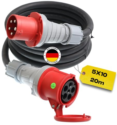 netbote24 Starkstromkabel 63A 20m H07RN-F 5x10 Starkstrom Verlängerungskabel CEE Verlängerung 63 Ampere Kabel 5x10mm2 Baustelle Werkstatt Industrie Geeignet Outdoor IP44 Spritzwassergeschütz