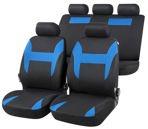Walser Auto-Sitzbezug Nampa, Universal-Sitzbezug Komplett-Set, PKW-Sitzbezüge, 2 Vordersitzbezüge, 1 Rücksitzbankbezug schwarz/blau
