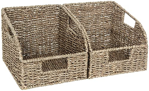 StorageWorks geflochten Aufbewahrungsbox mit Griff, Seegras Korb für Regale, dekorativ Rattankorb, große Rattan Aufbewahrungskorb für Bücherregal Schreibtisch, geflochtene Körbe, 2 Stück
