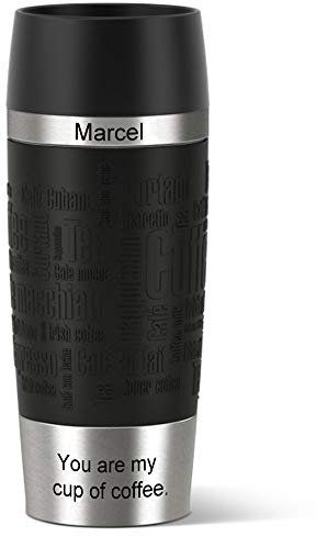 Sterngraf Emsa Isolierbecher MIT Gravur - Oben & UNTEN - (z.B. Namen) TRAVEL Mug 360ml Schwarz, 4h heiß/ 8h kalt, 100% dicht, auslaufsicher, Kaffee & Tee Thermo to-go-Becher