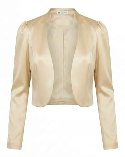 Bolerose Bolero Donna Raso Manica a Sbuffo Foderato | Spalle Arricciate, Davanti Aperto, Linea Blazer Corta, Effetto Lucido, Matrimoni e Gala, Taglie XS-5XL