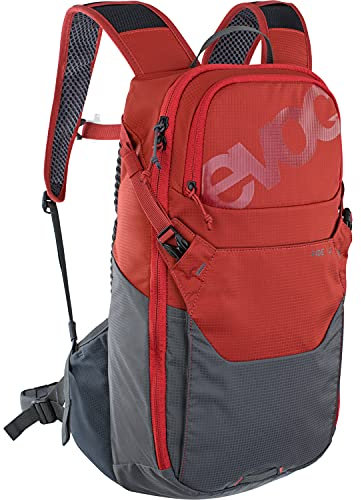 EVOC RIDE 12 Protektor Fahrradrucksack, Trekkingrucksack für Trails & Alltag (cleveres Taschenmanagement, AIR-PAD-Rückenpolsterung, Helmhalterung, Backpack), Chili Rot / Carbon Grau