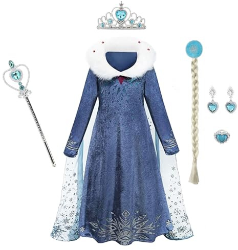 Elsa Prinzessin Kleid,Frozen Elsa Kostüm für Mädchen Kleids mit Zubehör,Schneeflocke Plüschkragen Kleid für Kinder Cosplay, Karneval,Eisprinzessin, Weihnachten, Halloween, Festliches Partykleid