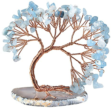 TUMBEELLUWA Reiki Crystal Money Tree with Agate Slice Base Feng Shui Stone Bonsai Tree Figure Decor for Happiness Good Luck and Wealth, Aquamarine