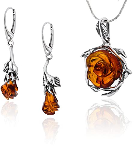 AMBEDORA Silversmycken set för kvinnor bärnsten 060B bärnstensrosor kedja örhängen baltisk bärnsten 925 silver