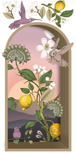 PLAGE Grand papier peint panoramique découpé, arche 3D en trompe l'oeil tendance arche et niche avec colibris et citronnier, 150 cm X 79 cm