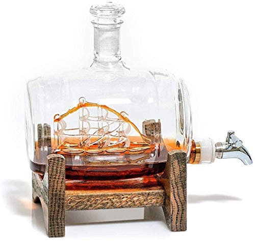 Decanter, Dispenser di Liquore in Acciaio Inossidabile per Veliero per Alcol Scotch Rum, Decanter per Vino in Vetro con Cornice in Legno, Bottiglia di Vino Creativa per L'arredamento della Casa