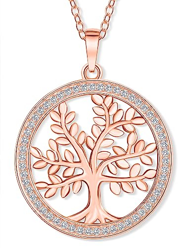 VIASOUL® Halskette Lebensbaum II Baum des Lebens Kette für Damen I Tree of Life aus 925er Silber I Mit 585er Gold überzogen I Der Lebensbaum mit Echtsilber-Zertifikat (Rose)