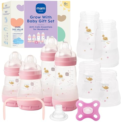 MAM Grow with Baby - Set de regalo de 15 piezas para recién nacidos de 0 a 4 meses - biberones anticólicos y pezones de silicona - SkinSoft Essential - Artículo para bebé niña
