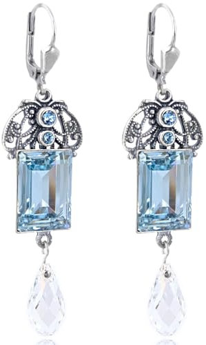 Jugendstil Ohrringe Silber Kristalle aus Österreich Light Azore Hellblau NOBEL SCHMUCK
