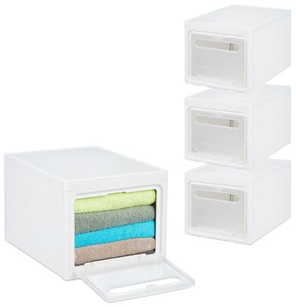Relaxdays Cajas de Almacenaje Apilables en Set de 4, Cestas de Plástico, 31L, con Tapa y Puerta Semitransparente, Blanco